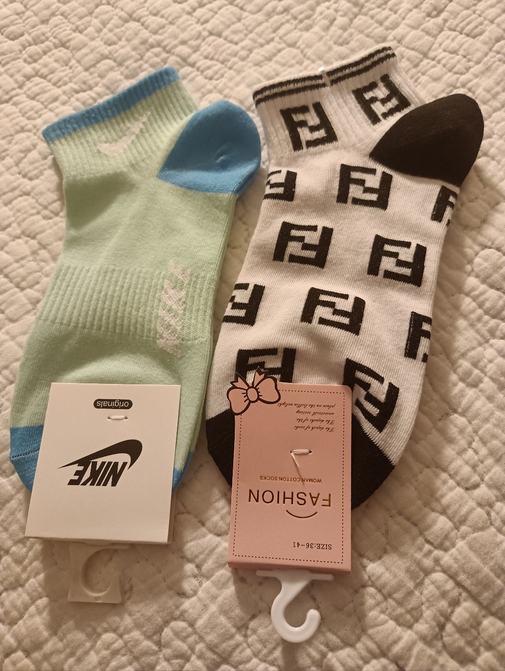 Two Pairs Of Nike Light Green & Blue And FF Logo Black&White Ankle Socks, Unisex